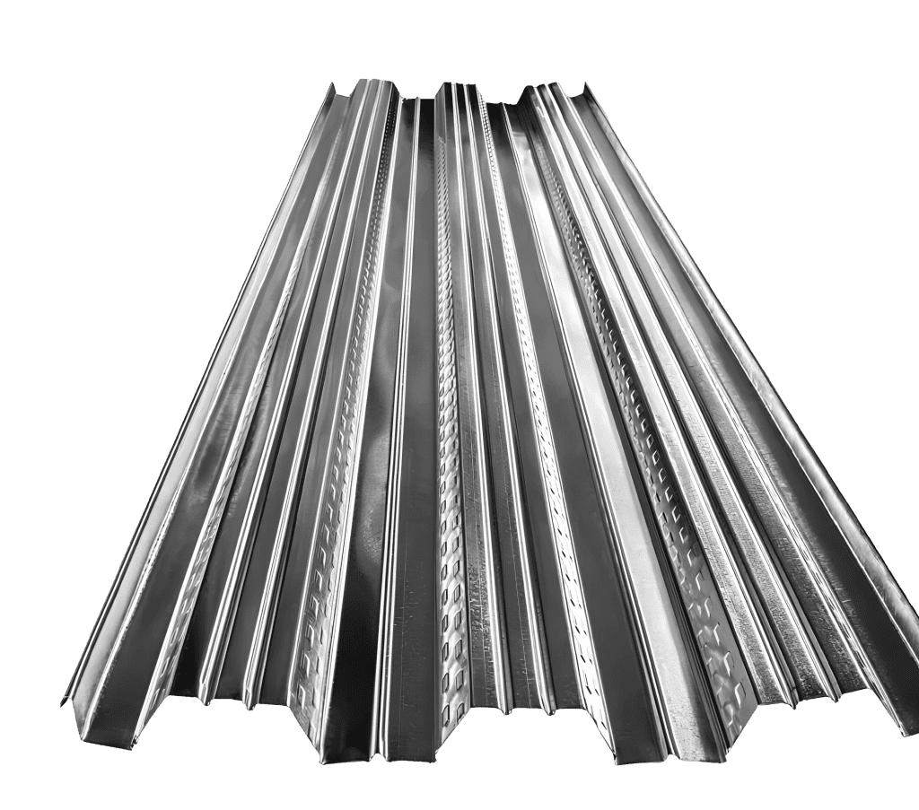 Paneles de acero galvanizado con diferentes perfiles para construcción y estructuras metálicas.
