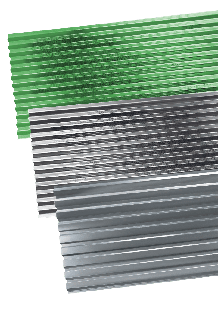 Paneles de aluminio en verde, gris y plateado para construcción y decoración.