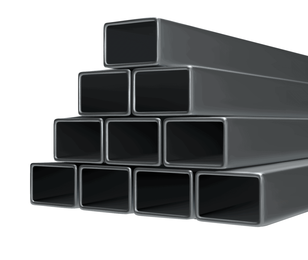 Tuberías metálicas rectangulares para construcción y transporte, apiladas en forma de pirámide.